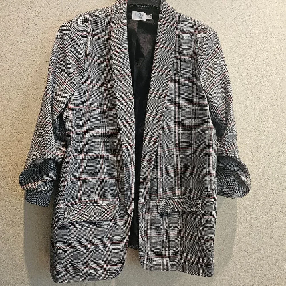 Plaid Dark Academia Career oversized Preppy blazer Work Plaid 1/4 sleeves  20 - Picture 3 of 5